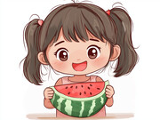 吃西瓜可爱小女孩插画