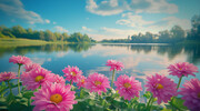 湖水菊花风景