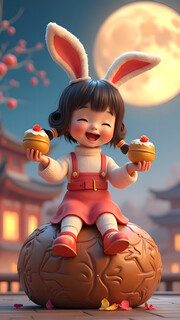 可爱兔兔耳朵小女孩中秋节插画图片