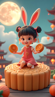 中秋团圆吃月饼插画