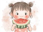 小女孩吃西瓜插画
