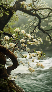 溪流花卉风景