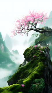 桃花和山峰创意风景壁纸