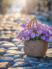 石板路上的花篮图片