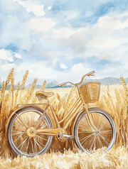 秋天田野上的自行车插画风景