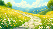 秋天山坡石头小路插画图片