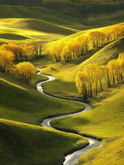 绿色山丘河流风景图片