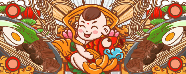 手绘卡通牛肉面插画设计