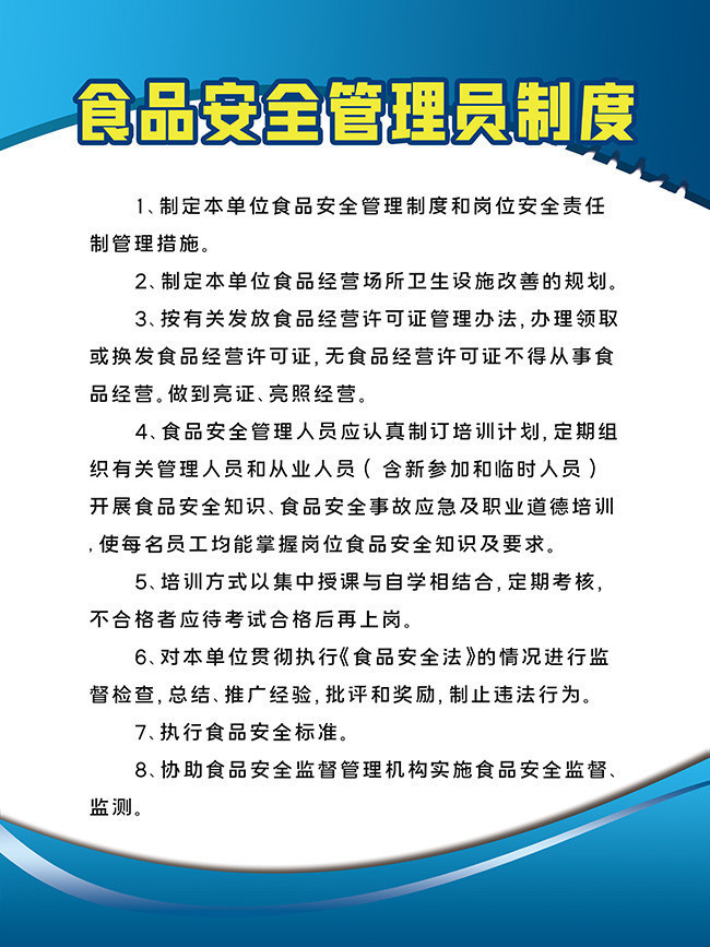 蓝色食品安全管理员制度牌