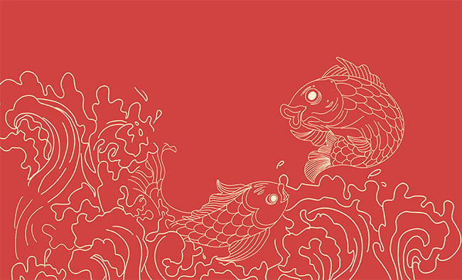 鲤鱼跃龙门线稿手绘插画图片