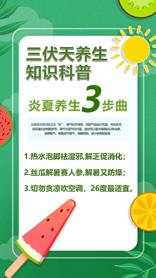 卡通绿色三伏天养生知识科普海报